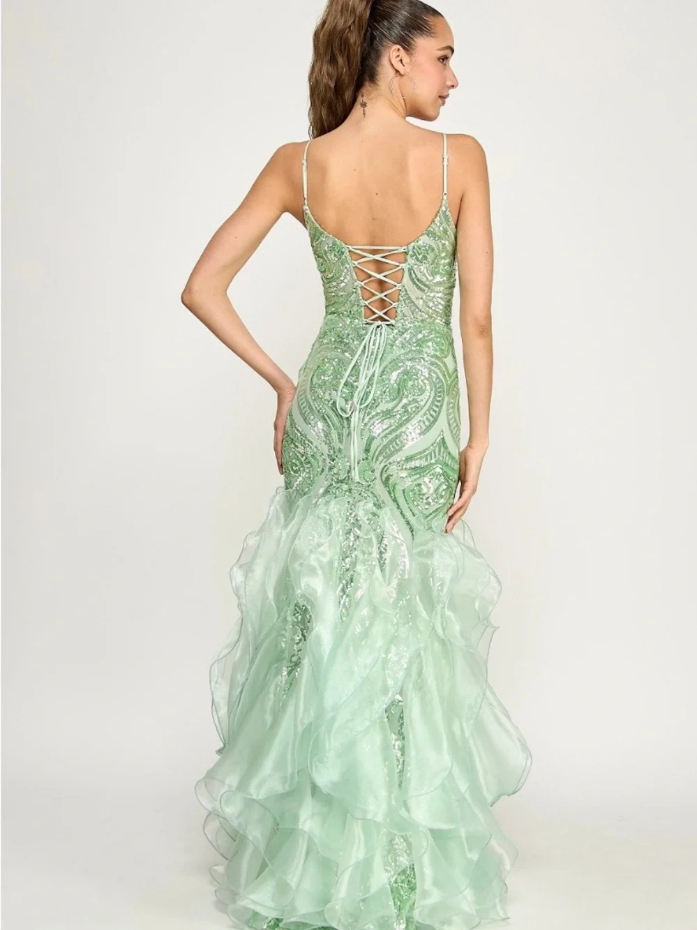 B Darlin Mint Sequin Ruffle Mermaid Gown